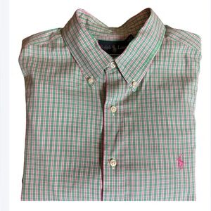 Ralph Lauren pink and green plaid Classic Fit button down shirt Size 17 1/2